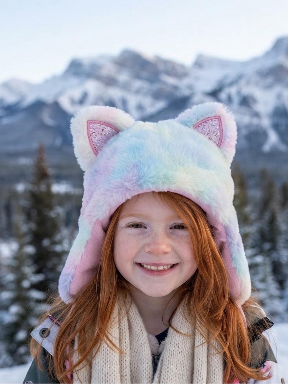 Girls fleece hat with ears - Plush Multicolor Faux-Fur Kids Hat with Ears